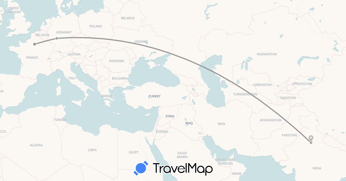TravelMap itinerary: driving, plane, hiking in Germany, France, India (Asia, Europe)
